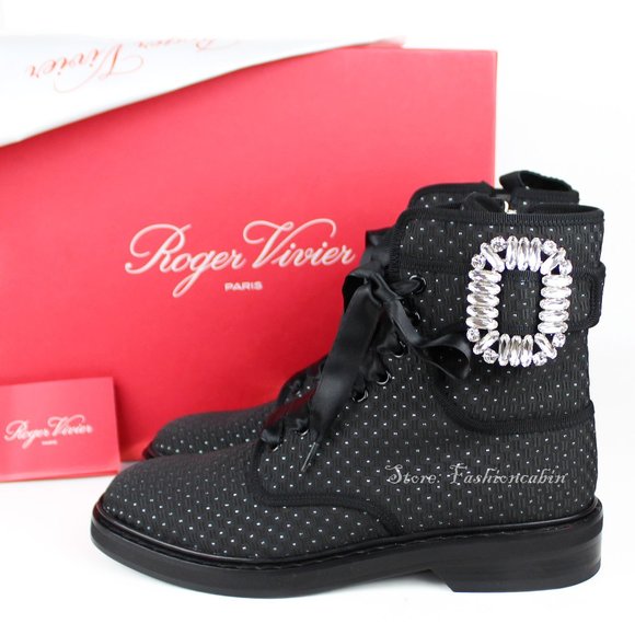 NEW Roger Vivier Viv Rangers Strass Booties Black EU 38 Crystal Pilgrim Buckle